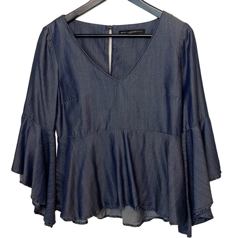 White House Black‎ Market Women's Soft Chambray Bell Sleeve Blouse Blue Size 0